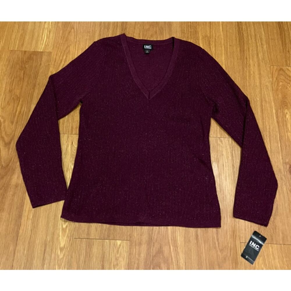 I.N.C. Women's Metallic-Knit V-Neck Sweater Lurex Size XL